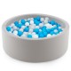 Soft gray kiddie ball pit filled with 200 BPA-free ocean balls, perfect for interactive play in nurseries or playrooms.