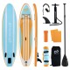 Inflatable stand-up paddle board with adjustable paddle, 3 fins, and accessories for easy transport and storage.