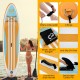 Inflatable stand-up paddle board with anti-slip EVA pad, adjustable paddle, and 3 fins for stability and control.