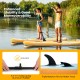 Inflatable stand-up paddle board with adjustable paddle and three fins, ideal for all skill levels on water.