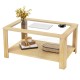 2-tier coffee table with natural wood finish and glass top, featuring a spacious shelf for decor and easy access to.