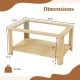 Rectangular 2-tier coffee table with tempered glass top and wood legs, featuring dimensions for living room.