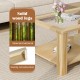 Close-up of solid wood legs of a 2-tier coffee table with tempered glass top, showcasing sturdy construction and rustic.