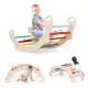 Multicolor 4-in-1 wooden climbing toy with rocker, crawling tunnel, and supportive backrest for safe play.