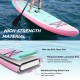 Inflatable stand-up paddle board with anti-slip EVA foam pad, 3 fins, and reinforced drop stitch core for stability.
