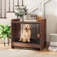 Indoor dog crate with removable tray and lockable door, featuring a rustic wood-like finish and sturdy metal.