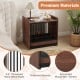 Indoor dog crate with removable tray, lockable door, and simulated wood-like veneer for a rustic style.