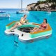 Inflatable 8.7 ft floating dock with detachable ladder, cup holders, and mesh lounge for up to 3 people on water.