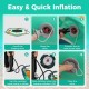 Inflation process of the 8.7 ft inflatable floating dock with hand pump, featuring a valve and pressure gauge for easy.