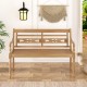 Teak wood patio bench with wide backrest and curved armrests, perfect for outdoor relaxation and seating two people.