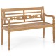 Teak wood patio bench with wide backrest and curved armrests, comfortably seating 2 people for outdoor relaxation.