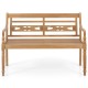 Front view of the 2-person teak wood patio bench featuring a spacious seating area and elegant curved armrests for.