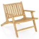 Teak wood outdoor reclining chair featuring a comfortable backrest and armrests, perfect for patios and backyards.