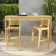 Teak wood bar stools with rattan backrests, featuring a natural finish, perfect for outdoor patios and kitchens.