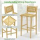 Teak wood bar stool with rattan backrest and wide seat, featuring ergonomic design and footrest for outdoor comfort.