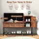 Entryway bench in rustic brown with flip-top storage, two cabinets, and a metal shoe rack for organized entryway.