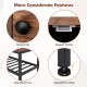 Close-up of the entryway bench features, showcasing handy knobs, magnetic catches, and adjustable foot pads for.