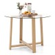 Round glass dining table with tempered glass top and natural rubber wood legs, perfect for dining and gatherings.