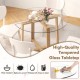 Round 42-inch dining table with tempered glass top and natural rubber wood legs, ideal for dining and gatherings.
