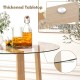 Round glass dining table with 42" tempered glass top and rubber wood legs, featuring metal discs for enhanced stability.