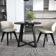Mid-century round dining table with pedestal base, black finish, and natural rubber wood for stylish dining room decor.