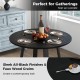 Mid-century 36-inch round dining table in black with a pedestal base, featuring faux wood grains for contemporary style.