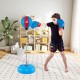 Adjustable punching bag with stand and blue boxing gloves, designed for kids and adults, enhancing hand-eye.