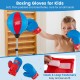 Kids boxing gloves in red and blue, designed for small hands, with hook and loop fasteners for a secure fit.