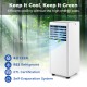 8000 BTU portable air conditioner with fan and dehumidifier, featuring a control panel, remote, and 4 operation modes.