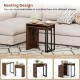 Nesting coffee table set in rustic brown with metal frame, ideal for living room or bedroom, space-saving design.