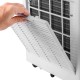 Hand opening the removable filter panel of the 4-in-1 8000 BTU portable air conditioner for easy maintenance.
