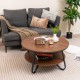 Round coffee table with walnut wood grain finish, double-tier storage, and heavy-duty metal frame for living room use.