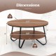 33.5-inch round coffee table with walnut wood grain finish and heavy-duty metal frame, featuring double-tier storage.
