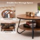 Round coffee table with wood grain finish, featuring a spacious tabletop and bottom shelf for convenient storage.