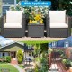 3-piece patio wicker furniture set with white cushions, ideal for outdoor relaxation in garden or balcony settings.