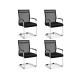 Set of 4 black office guest chairs with metal sled base, armrests, and breathable mesh for comfortable seating.