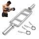 Olympic triceps bar with knurled handles, solid steel construction, and spring collars for secure weight training.