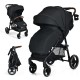 Lightweight black infant stroller with 5-point harness, adjustable backrest, and detachable foot cover for safety and.