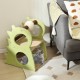 Modern green 2-tier cat tree with rotatable sisal scratching ball and playful dinosaur design for indoor cats.