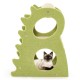 Modern green 2-tier cat tree with dinosaur design, featuring cozy platforms and playful cat holes for indoor cats.