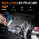 400 Lumen LED flashlight with SOS and strobe modes, ideal for emergency use while jump-starting vehicles.