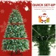 Pre-lit 5 ft snowy Christmas tree with hinged branches, multi-color LED lights, and festive pine cones for holiday.