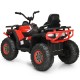 Red 12V kids electric ATV quad with sturdy metal frame, LED lights, and comfortable seat for safe outdoor fun.
