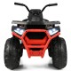 Front view of the red 12V kids electric ATV with LED lights, sturdy metal frame, and large tires for outdoor fun.