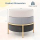 Round upholstered ottoman in gray with gold metal legs, 300 lbs capacity, ideal for living room or bedroom use.