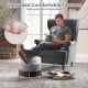 Round gray upholstered ottoman with gold metal legs, serving as a footrest or side table for versatile home use.