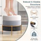 Round upholstered ottoman in gray with gold metal legs, anti-slip foot pads, supports 300 lbs, ideal for versatile use.