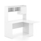 L-shaped white computer desk with open storage hutch and cabinet, ideal for working or studying in a modern setting.