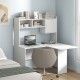 L-shaped white computer desk with open storage hutch and cabinet, ideal for studying or gaming in a modern workspace.