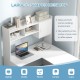 L-shaped white desk with open storage hutch, ideal for home office, providing ample workspace and storage solutions.